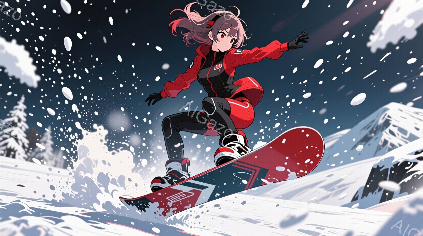 スノーボードを楽しむ女性が描かれています。彼女は赤と黒のジャケット、黒のズボン、そしてスノーボードブーツを着用し、髪は茶色で少しウェーブがかかっています。背景には雪山と雪が舞っており、活気ある冬の雰囲 - AI生成フリー素材