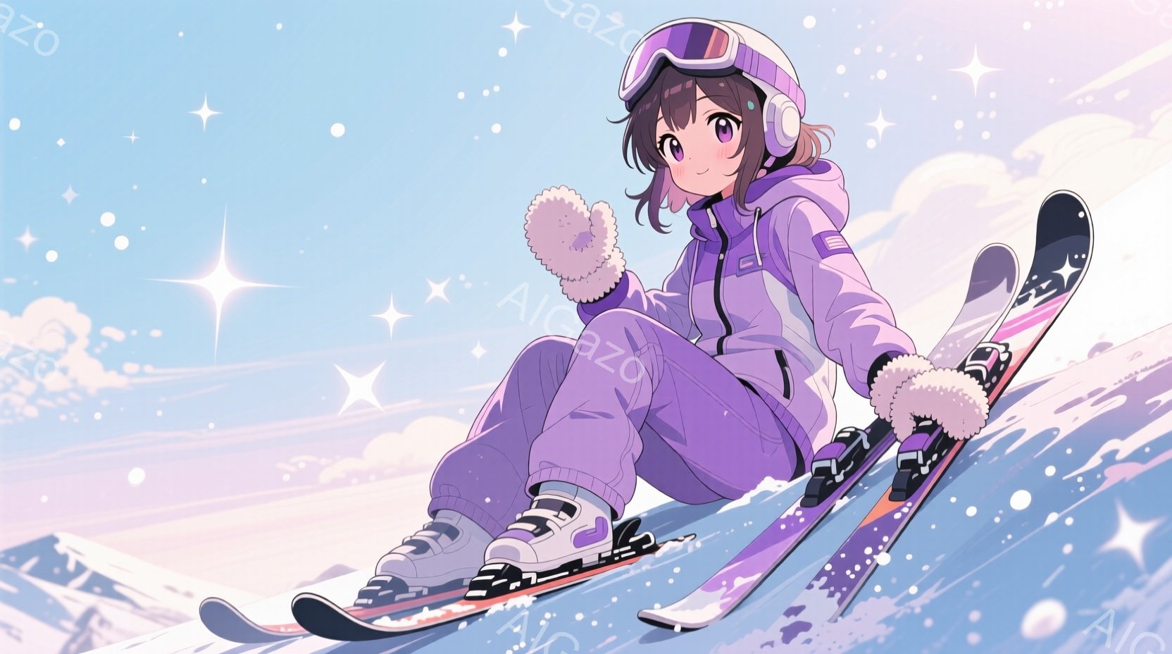 紫色のスキーウェアに身を包んだ少女が、雪山の中でスキーに座ってリラックスしています。彼女は肩まで届く茶色の髪をしており、つむじに白い毛足のついた帽子を被っています。背景には雪景色が広がり、空には星が輝 - AI生成フリー素材