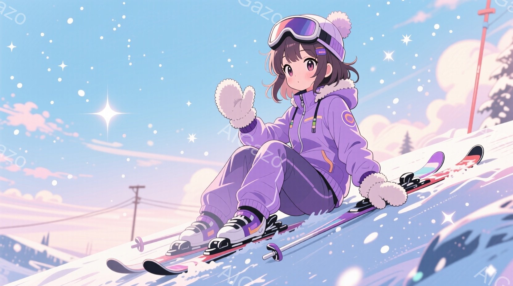 スキー板に座り、紫色のスキーウェアと毛皮のトリムが付いた手袋を着用した若い女性が描かれています。彼女はカールした髪で、顔は雪景色を見つめ、少し微笑んでいます。背景には、雪をまとった山々と、穏やかなピン - AI生成フリー素材