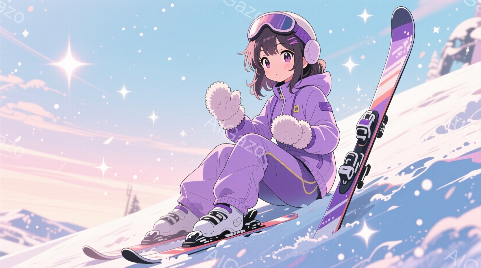 スキーウェア姿の少女が雪山でスキー板に座って休憩している。紫色のスキーウェアに白いふわふわのミトン、そして頭にはゴーグルを装着し、黒髪のヘアスタイルに優しい表情を浮かべている。背景は雪景色が広がり、淡いピンクや紫色の空が幻想的な雰囲気を醸し出している。