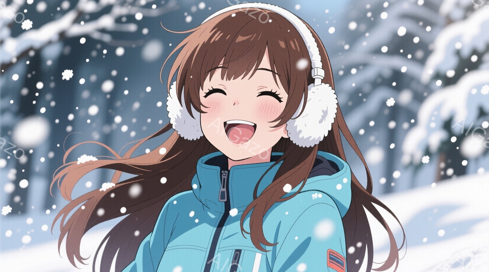 長い茶色の髪をした若い女性が、雪の中で顔を上げて笑っています。彼女は青いスキー用ジャケットと耳当てをつけており、風で髪が舞っています。背景には雪景色が広がり、雪が降る冬の静かな雰囲気が漂っています。 - AI生成フリー素材