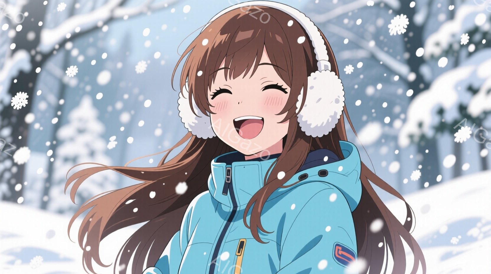 長い茶色の髪に耳当てを付けた若い女性が描かれています。彼女は青いスキー用ジャケットを着て、顔を上げて大きく笑っており、雪景色の中で幸せそうな雰囲気を漂わせています。背景には雪に覆われた木々があり、雪が - AI生成フリー素材