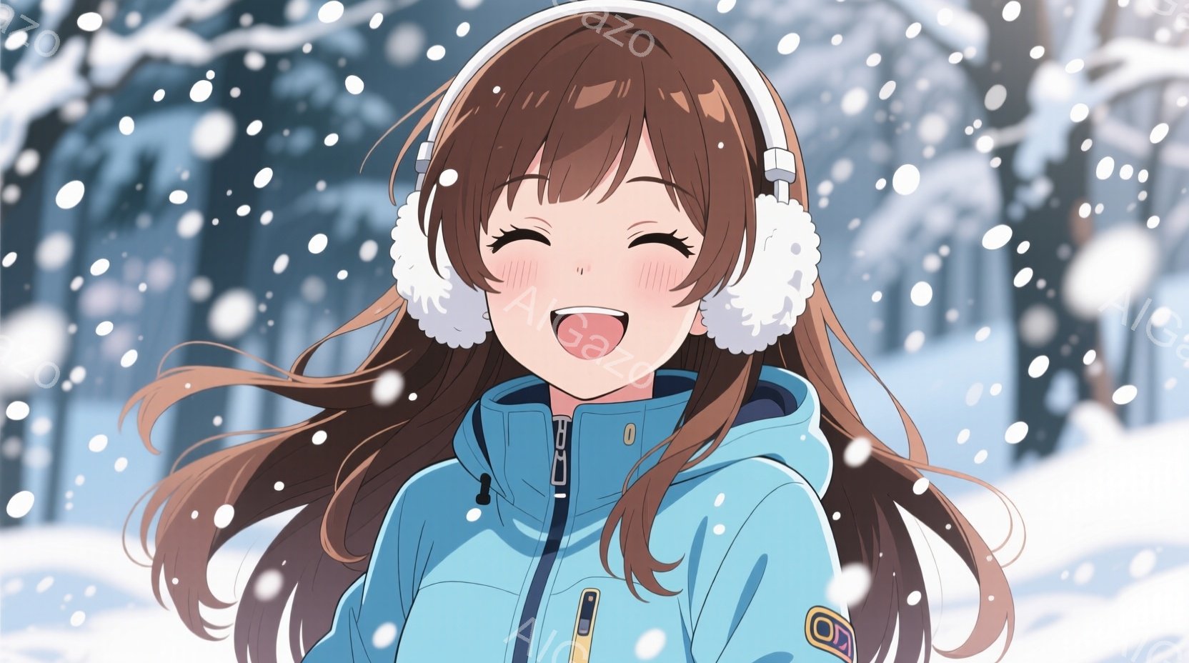 明るい茶色の長い髪の少女が、雪景色の中で笑顔で立っています。彼女は青いパーカーと耳当てをしており、楽しそうに雪を見上げています。背景には雪に覆われた木々が広がり、冬の暖かく幸せな雰囲気を醸し出しています。