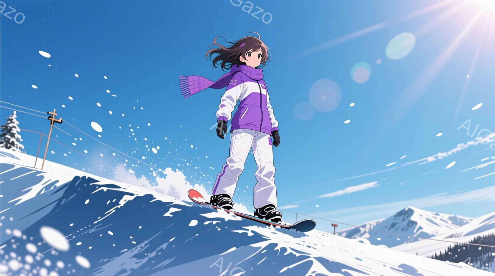スノーボードに乗った少女が描かれています。紫色のジャケットとズボンを着用し、黒いヘアスタイルで、顔ははっきりと見えませんが、楽しそうな雰囲気です。背景は雪山と青空で、晴天の下、スノーボードを楽しんでい - AI生成フリー素材