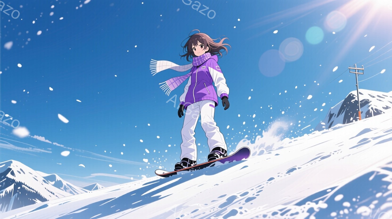 スノーボードに乗った少女が描かれています。彼女は紫色のジャケット、白いズボン、黒い手袋を着用し、首に白いマフラーを巻いています。背景には雪山と青空が広がり、雪が舞う冬の景色が広がっています。 - AI生成フリー素材