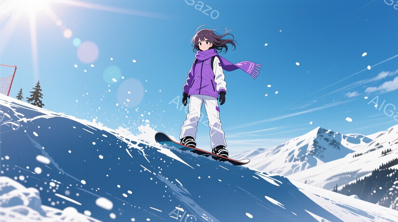 スノーボードに乗った少女が描かれています。彼女は紫色のジャケットと白いズボンを着用し、ピンク色のマフラーを巻いています。背景には雪山と青空が広がり、雪が舞う冬の景色が広がっています。 - AI生成フリー素材