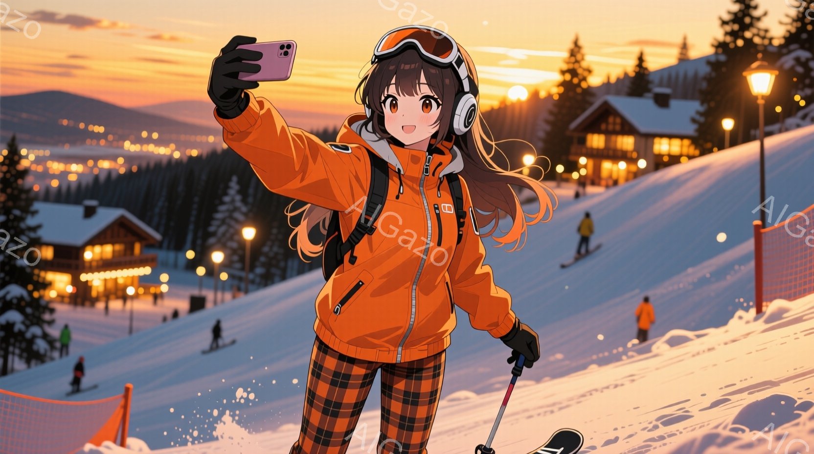 オレンジ色のスキーウェアにチェック柄のズボンを着用した女性が、雪山でスマートフォンで自撮りをしています。彼女は長い茶色の髪を後ろでまとめており、ゴーグルをかけて明るい笑顔を見せています。背景には、夕焼け空の下、ライトアップされた建物やスキーを楽しんでいる人々の姿が見え、穏やかで暖かい雰囲気が漂っています。