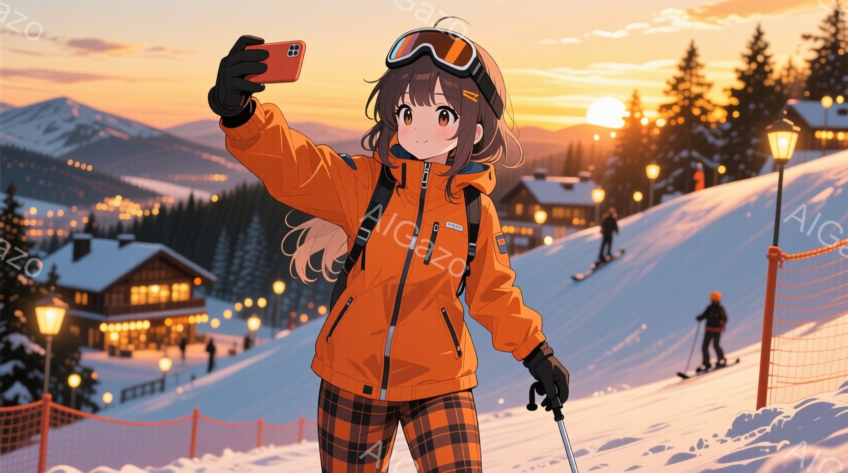 明るいオレンジ色のスキーウェアを着た若い女性が、雪山を背景に自撮りをしています。彼女は茶色のカールした髪をしており、ゴーグルをかけていて、少し微笑んでいます。背景には、雪に覆われた建物やスキーヤーが見え、夕焼けの空が暖かく、穏やかな冬の雰囲気を醸し出しています。