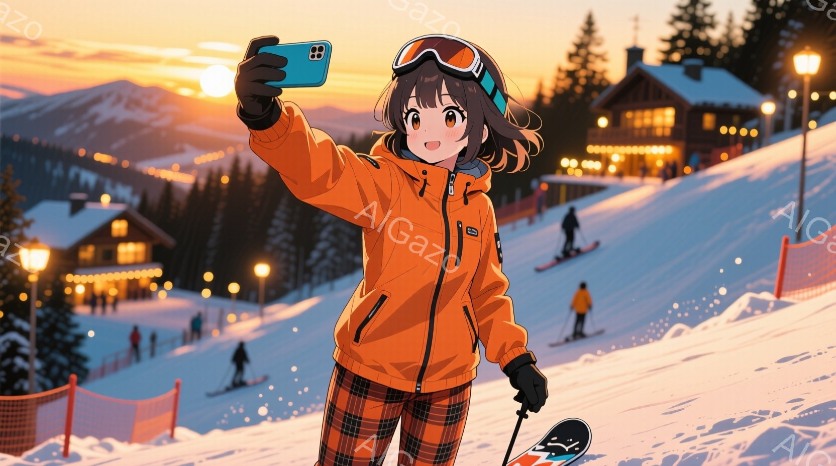 オレンジ色のジャケットとチェック柄のパンツを着用した若い女性が、スキー場で自撮り写真を撮っています。彼女は黒い手袋とゴーグルを着用し、笑顔でカメラに向かってポーズを取っています。背景には雪に覆われた山々と、ライトアップされた建物が見え、夕焼け空が暖かく、活気ある冬の雰囲気を醸し出しています。