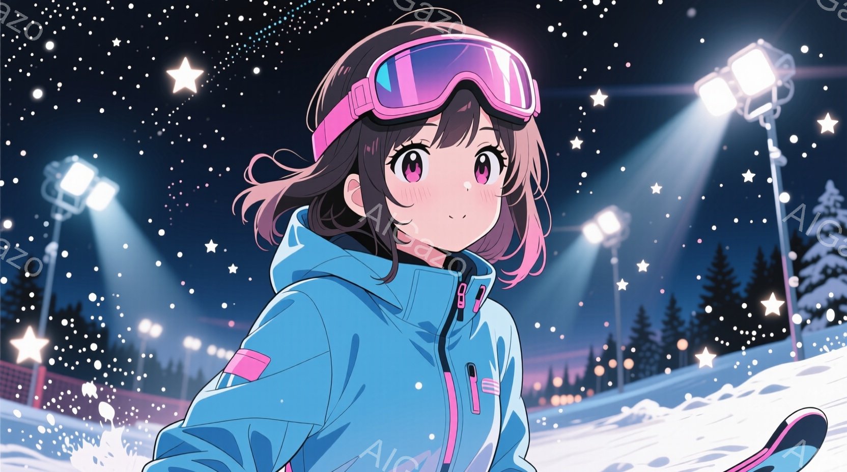 明るい青色のスキーウェアにピンク色のアクセントが入った少女が描かれています。彼女はピンク色のゴーグルを着用し、少し微笑んでいる表情で、雪景色を背景に立っています。背景にはスキー場らしき風景が広がり、夜 - AI生成フリー素材