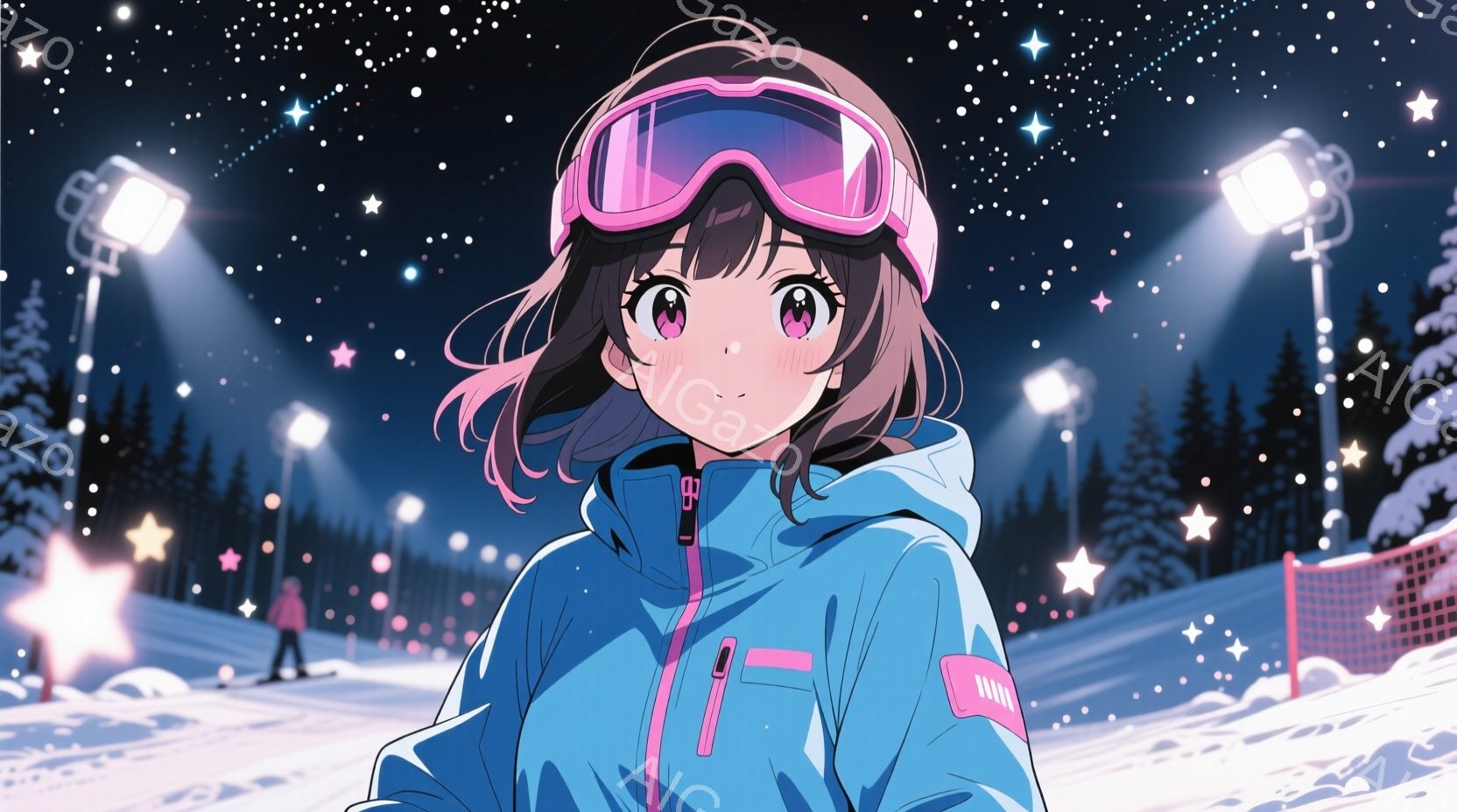 明るい水色のスキーウェアにピンクのラインが入った少女が描かれています。彼女はピンク色のゴーグルを装着し、少し微笑んだ表情でこちらを見つめています。背景には雪景色が広がり、スキー場らしき場所で夜間照明が灯っており、雪が舞う幻想的な雰囲気です。