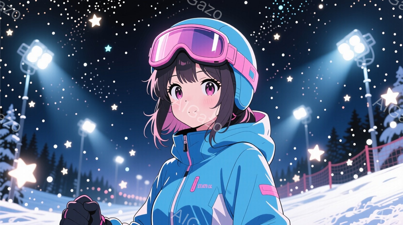 雪山を背景に、ピンク色のハイライトが入った明るい水色のスキーウェアとヘルメットを着用した若い女性が描かれています。彼女は片手を握りしめ、少し頬を赤らめ、笑顔を見せています。背景には、雪が舞い散る暗い針葉樹林とスキー場の照明が点在し、幻想的な冬の雰囲気を醸し出しています。