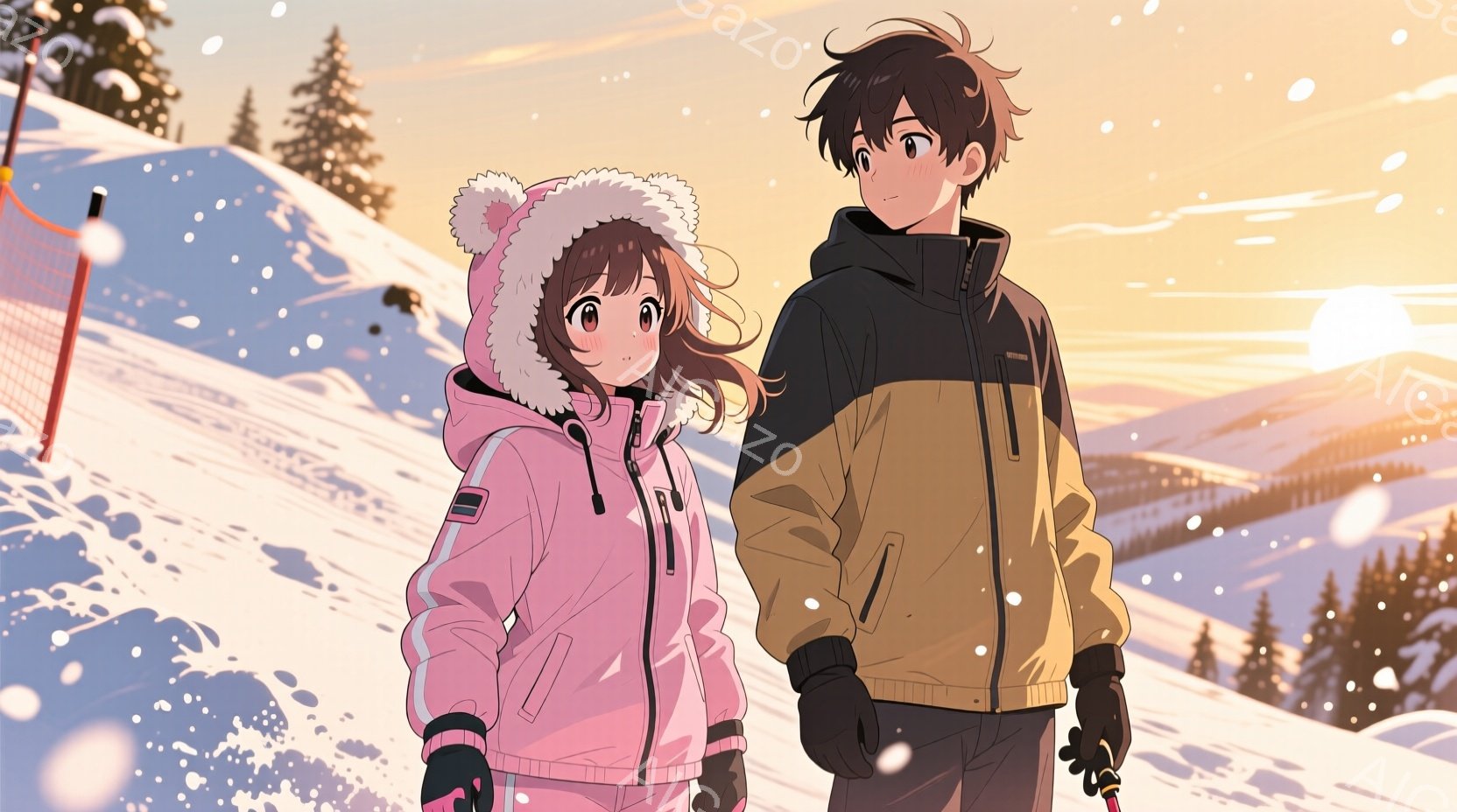 雪山を背景に、若い男女が並んで立っています。女性はピンクのパーカーに、毛皮のフードが付いており、長い茶色の髪をサイドに流しています。男性は黒と黄色のジャケットを着ており、少し憂いのある表情で遠くを見つ - AI生成フリー素材