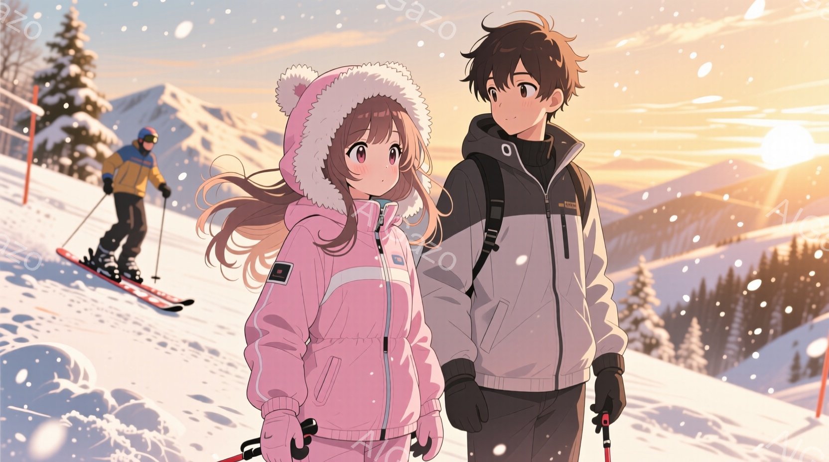 雪山を背景に、ピンク色のスキーウェアを着た少女と、黒と白のジャケットを着た少年が立っている。少女は金髪のロングヘアをサイドに垂らし、少し微笑んでいる。背景には雪景色が広がり、遠くにはスキーをする人が見 - AI生成フリー素材