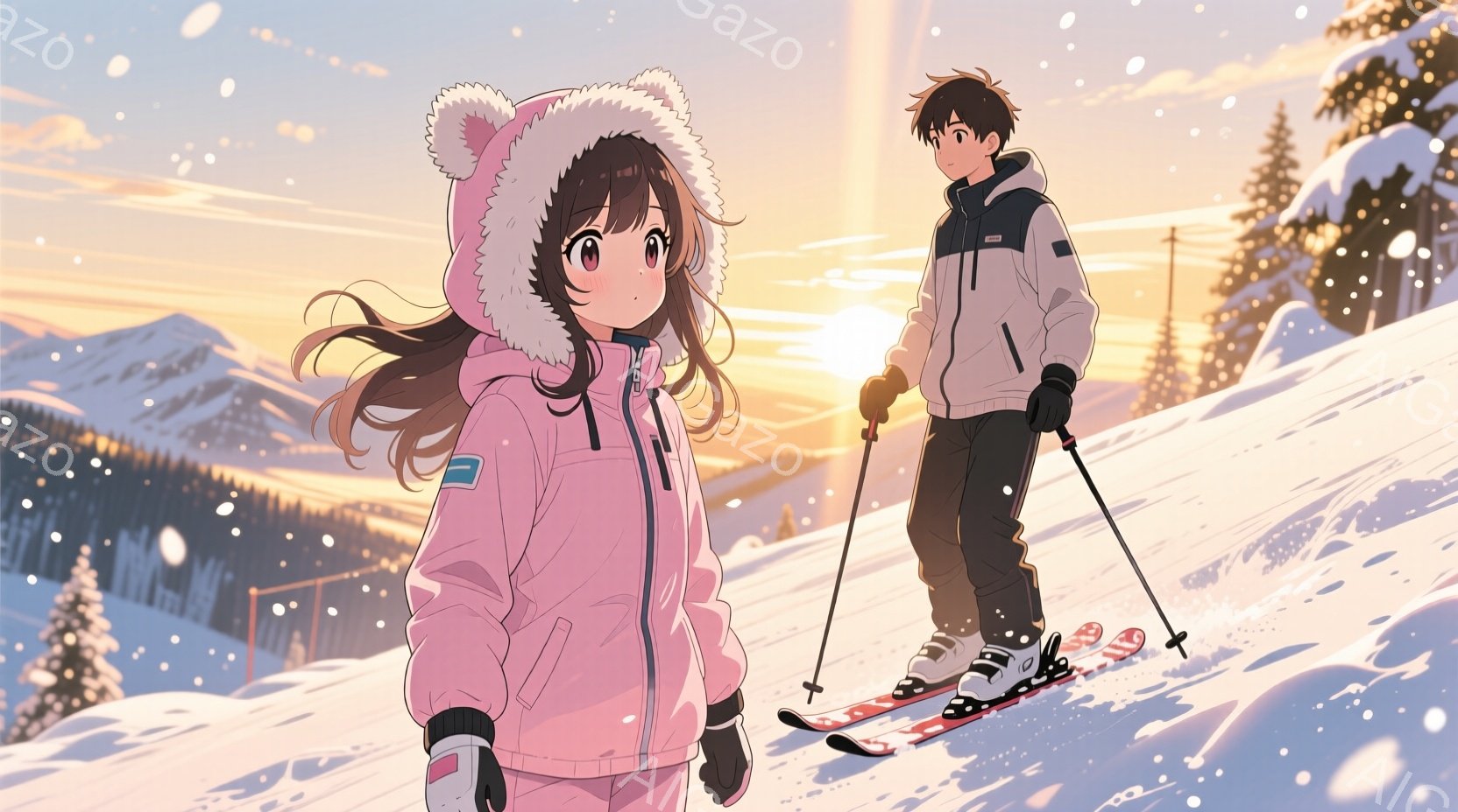 雪山を背景に、若い男女がスキーを楽しんでいる様子が描かれています。女性はピンクのスキーウェアにフードを被り、長い茶色の髪が風になびいています。男性は白のスキーウェアを着用し、スキー板を装着して斜面を降りようとしており、背景には雪をまとった山々が広がり、穏やかな冬の雰囲気を醸し出しています。