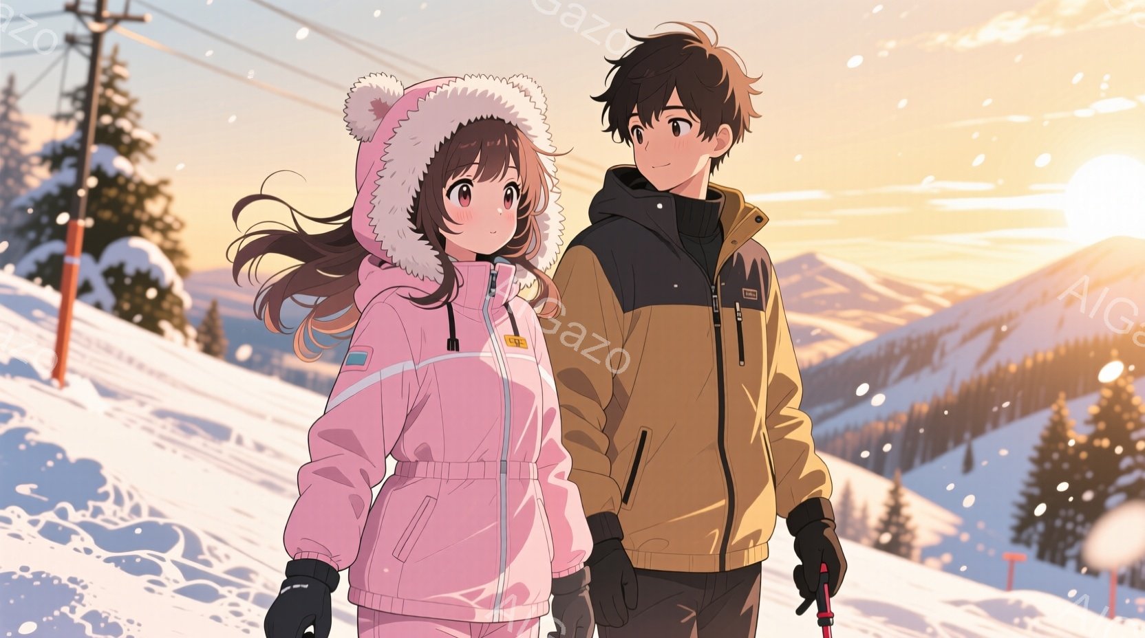 ピンク色のスキーウェアを着た少女と、黄色のジャケットを着た少年が雪山を歩いている。少女はフード付きのパーカーで髪を隠し、笑顔でこちらを見ている。背景には雪に覆われた山々が広がり、夕焼けのような光が暖か - AI生成フリー素材