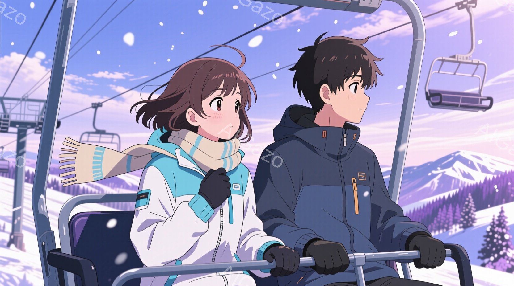 スキーリフトに乗っている男女が描かれています。女性は白いジャケットにストライプのネックウォーマーを巻き、黒い手袋を着用し、少し照れたような表情をしています。男性は濃い青色のジャケットを着ており、やや無 - AI生成フリー素材