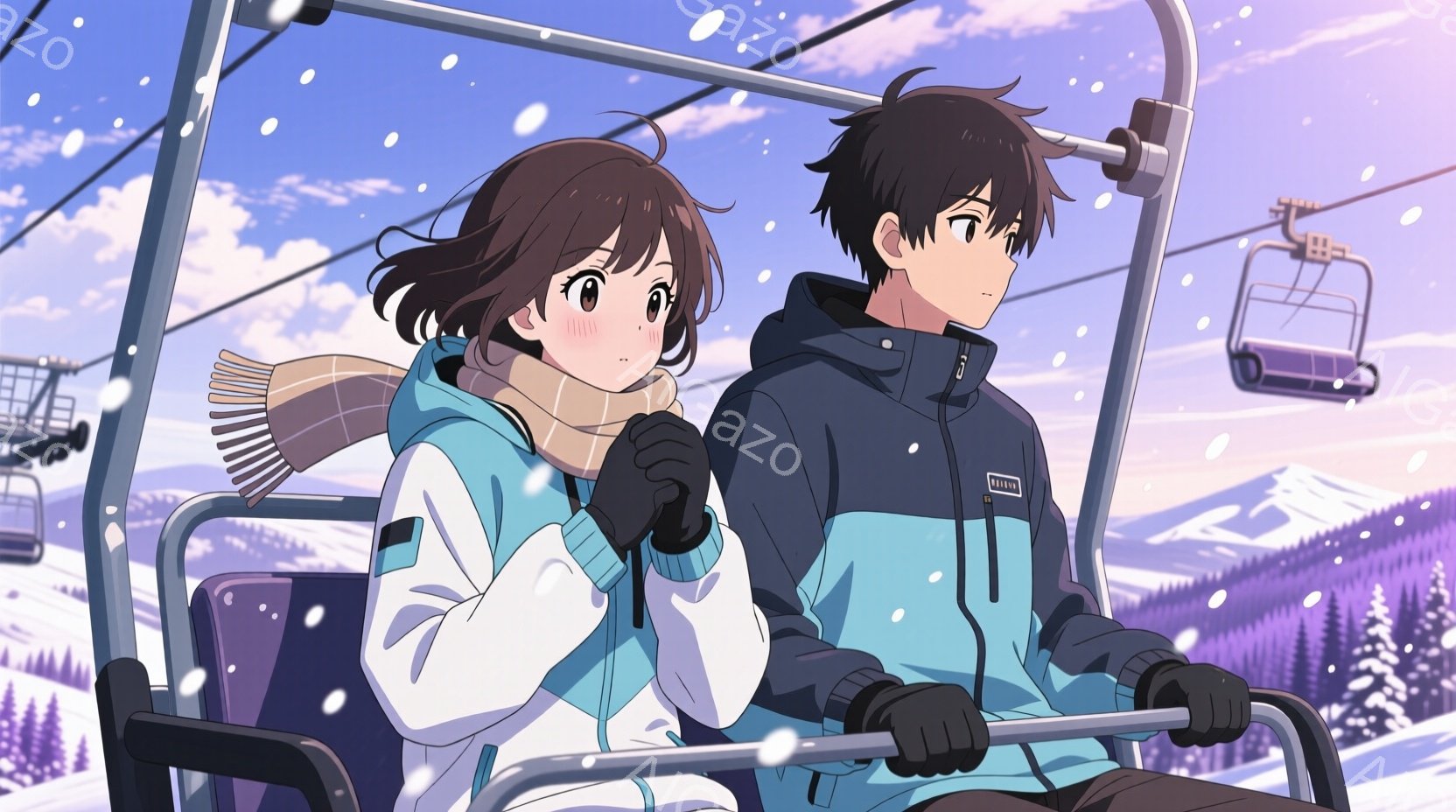 雪山を背景に、リフトに乗っている男女が描かれています。女性は、巻き毛の茶髪で、白いスキーウェアにターコイズブルーのラインが入ったジャケット、ピンクのネックウォーマー、黒い手袋を着用し、少し照れたような表情をしています。男性は、黒髪で、濃い青色のスキーウェアに黒い手袋を着用し、前方をまっすぐ見つめています。