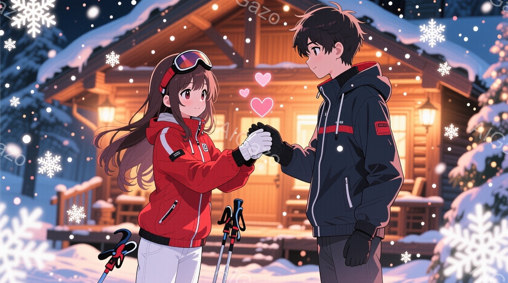 雪が降る夜、スキーウェアを着た男女が手をつないで立っている。女性は赤色のスキーウェアに茶色の長い髪、ゴーグルを頭に乗せて笑顔を見せている。背景には暖かく光る木造の建物があり、雪景色の中で温かい雰囲気を - AI生成フリー素材