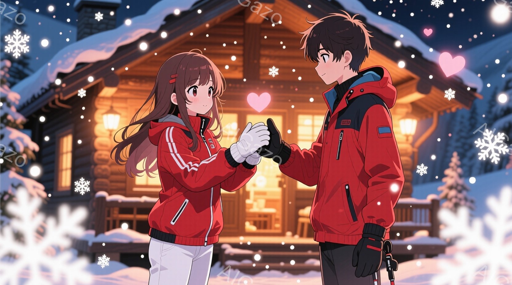 雪が降る夜、赤いスキーウェアを着た若い男女が正面を向かい合い、手を繋いでいます。女性は長い茶色の髪を後ろで一つに結び、微笑んでいます。背景には暖かく光るログハウスがあり、雪景色の中で温かい雰囲気を作り - AI生成フリー素材