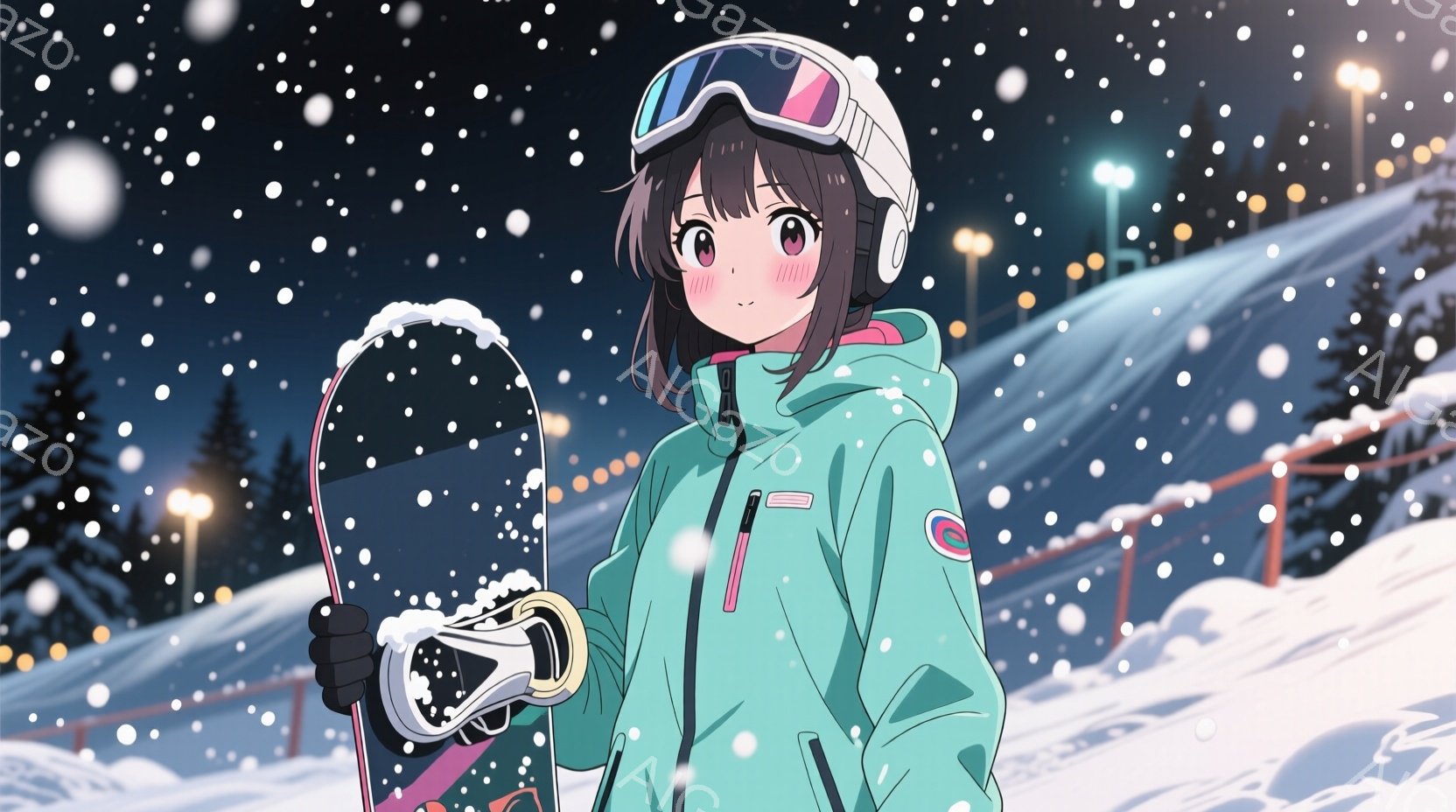 雪が舞うスキー場で、ターコイズ色のウィンドブレーカーを着た少女が描かれている。彼女は黒髪で、前髪を少し残し、顔には赤みが差しており、ボードを片手に持ち、少し照れたような表情をしている。背景には雪に覆われた山々とスキー場の照明が点在し、冬の冷たく美しい雰囲気が漂っている。