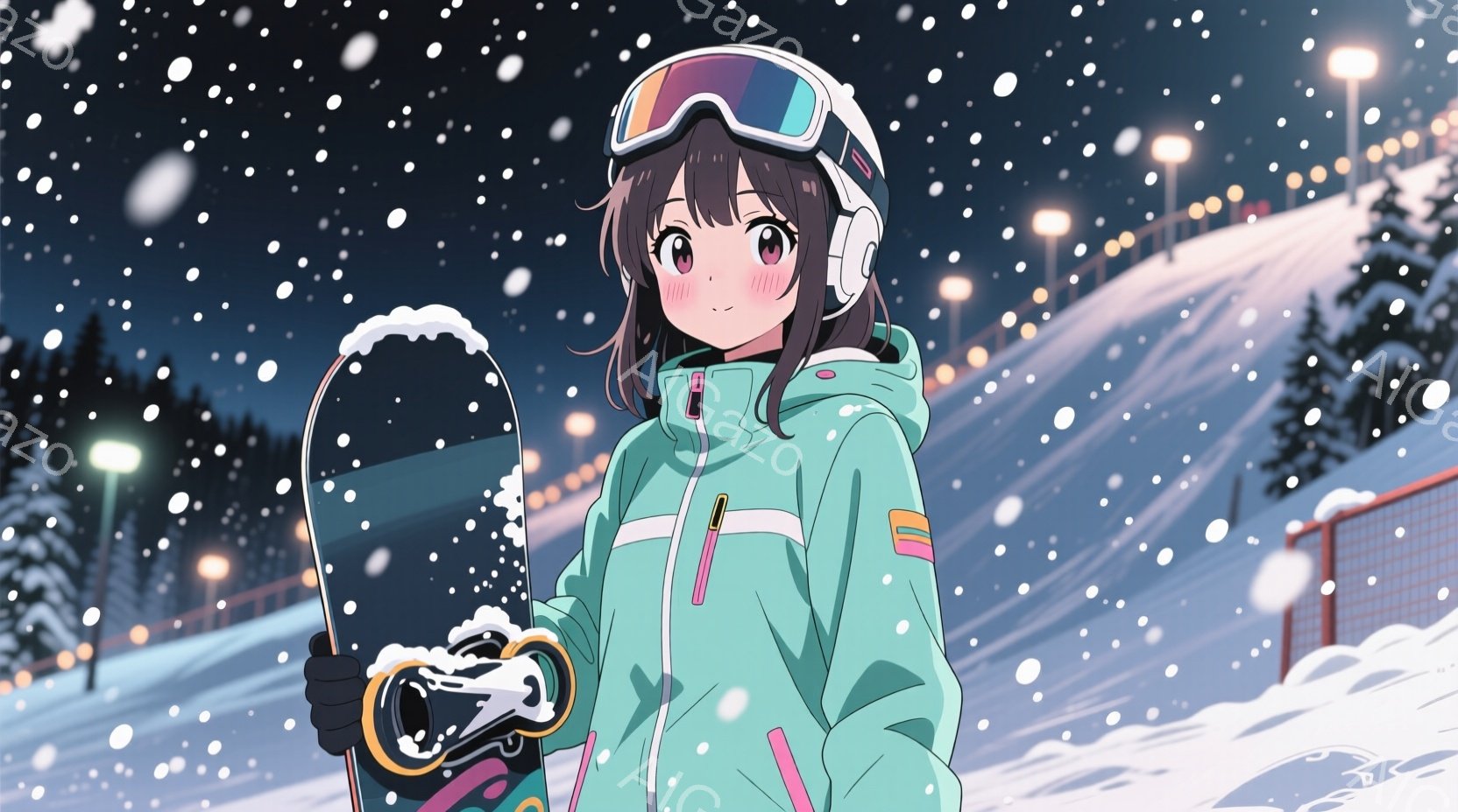 ターコイズブルーのスキーウェアに身を包んだ少女が描かれています。彼女は黒髪で、頭にはゴーグルを装着し、少し照れたような表情を浮かべています。背景には雪が降り積もるスキー場があり、ライトアップされたゲレンデと木々が見えます。