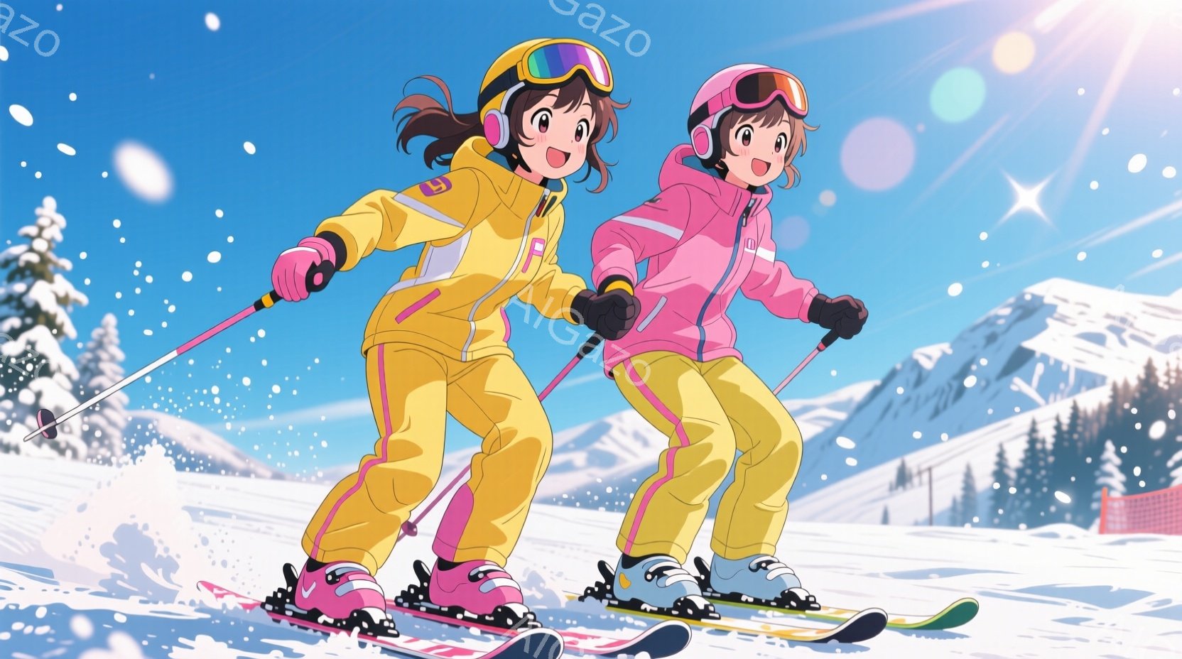 雪山をスキーで滑る二人の少女が描かれています。一人は黄色いスキーウェア、もう一人はピンク色のスキーウェアを着用し、それぞれ黒いヘアバンドとゴーグルを付けています。背景には雪に覆われた山々と森林が広がり - AI生成フリー素材