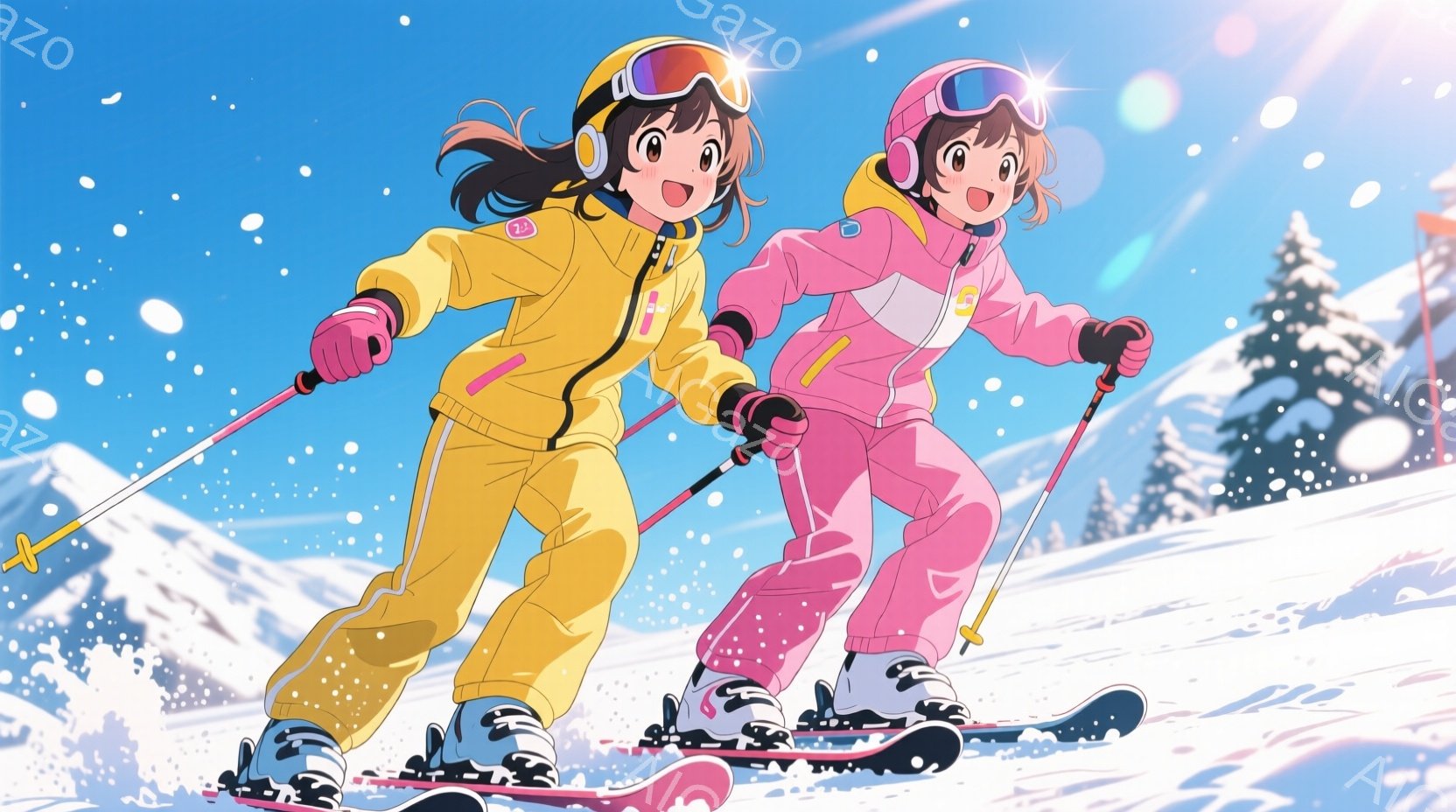 スキー場でスキーを楽しんでいる2人の少女が描かれています。1人は黄色いスキーウェア、もう1人はピンク色のスキーウェアを着ており、どちらも黒髪でポニーテールにしています。背景には雪山と青空が広がり、雪が舞い散る冬の晴れた日の様子が表現されています。