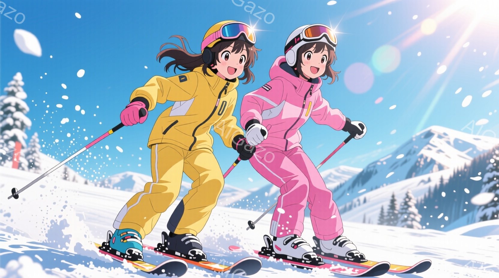 雪山をスキーで滑る二人の少女が描かれています。黄色いスキーウェアを着た少女は、黒髪をポニーテールにし、笑顔で滑走しています。背景には雪に覆われた山々と針葉樹林が広がり、晴天の下、雪が舞う冬の風景が広が - AI生成フリー素材