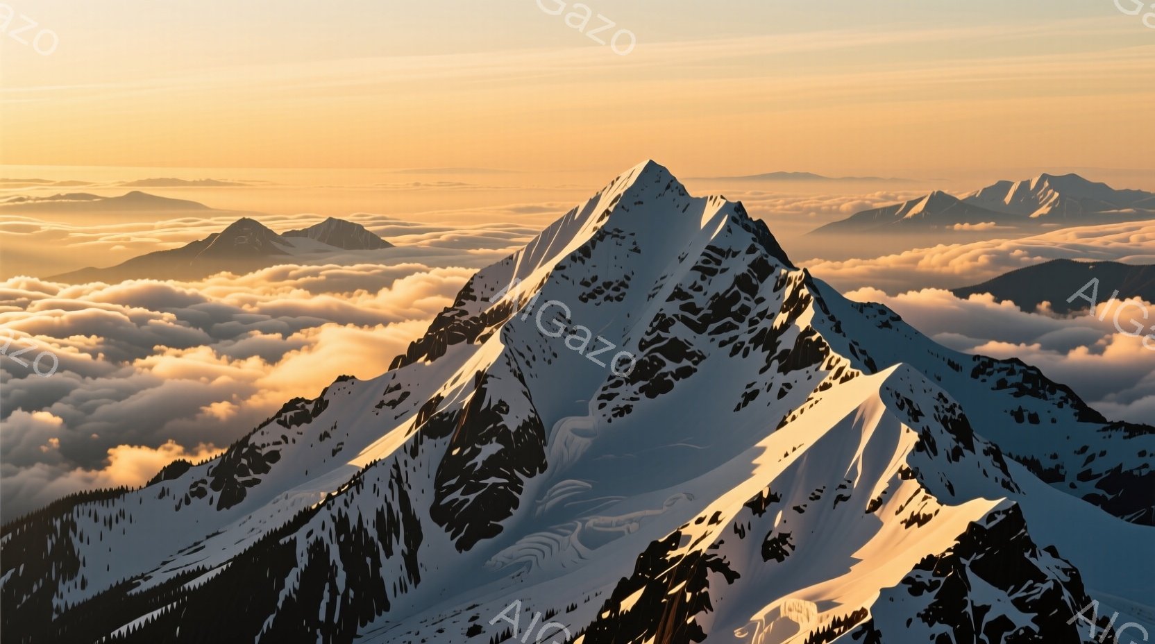 険しい雪を抱いた山が、雲海から突き抜けてそびえ立っている。夕暮れ時の太陽光が山肌を照らし、美しいオレンジ色と影のコントラストを生み出している。遠くには他の山々が雲海から顔を出し、荘厳で静謐な雰囲気を醸し出している。