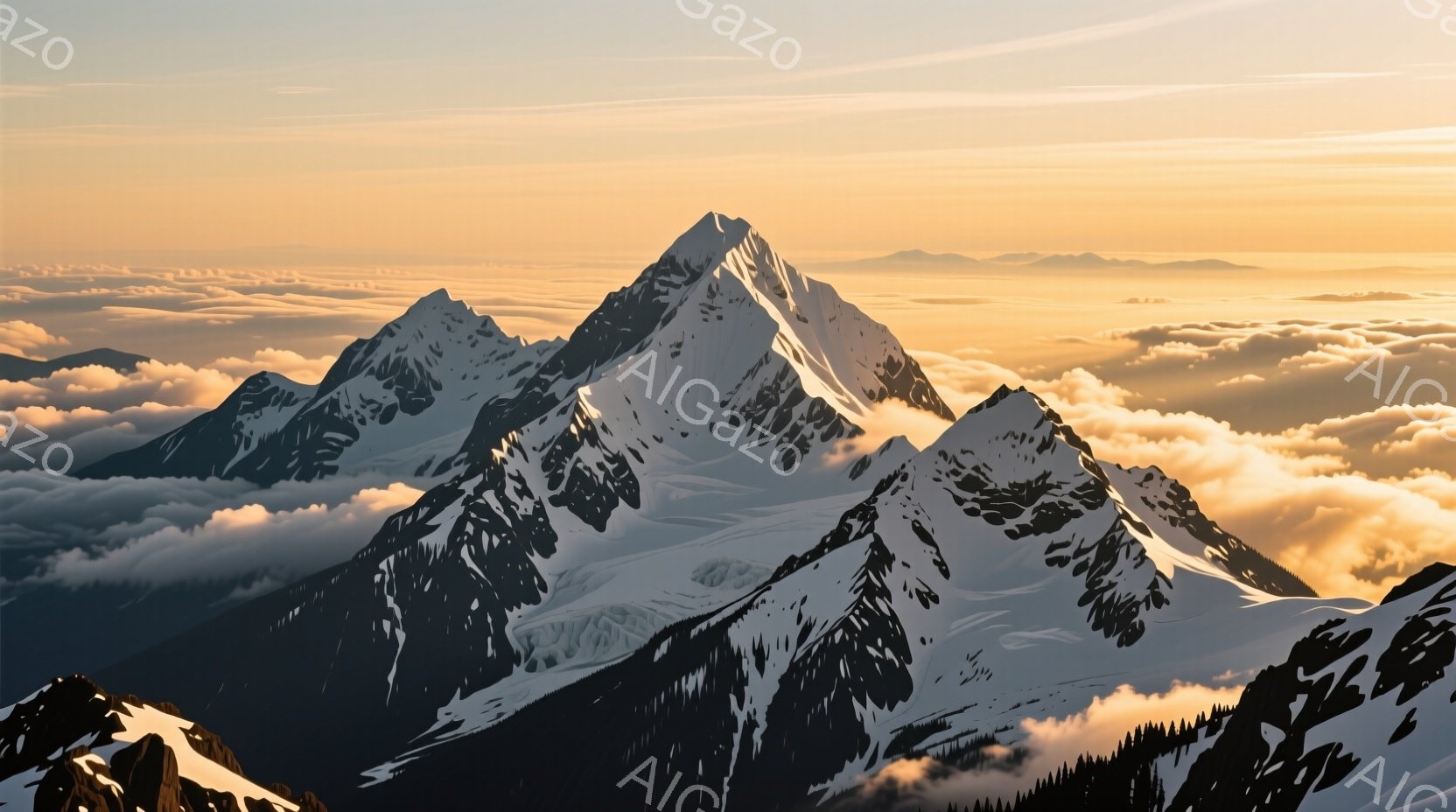 雪をまとった険しい山々が、雲海からそびえ立っている。夕暮れ時の柔らかな光が山肌を照らし、深い影と白い雪のコントラストを生み出している。雲海は山々の裾を覆い、幻想的で静寂な雰囲気を醸し出している。