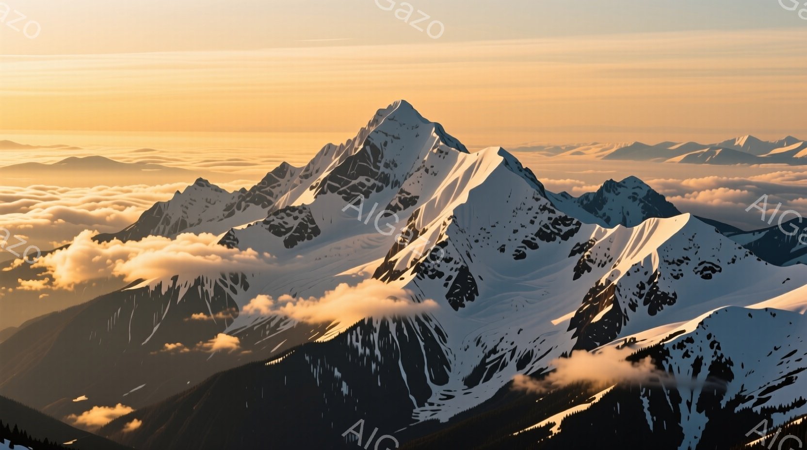 雪をまとった険しい山々が、雲海からそびえ立っている。山肌は太陽の光を浴びて輝き、影の部分は深いブルーでコントラストが美しい。全体的に荘厳で静謐な雰囲気が漂い、自然の雄大さを感じさせる。