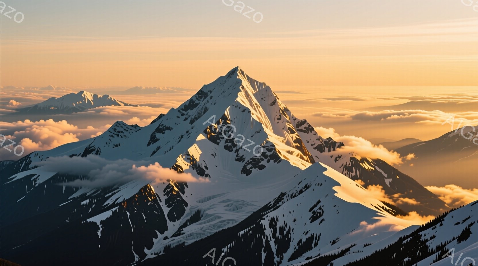 険しい雪山が雲海から突き出ており、山肌には太陽の光が暖かく差し込んでいる。雪は白く輝き、山頂付近には影が深く入り込み、そのコントラストが美しい。背景には他の山々が雲の中に沈み、夕焼けのようなオレンジ色の光が空全体を包み込み、荘厳で神秘的な雰囲気を醸し出している。