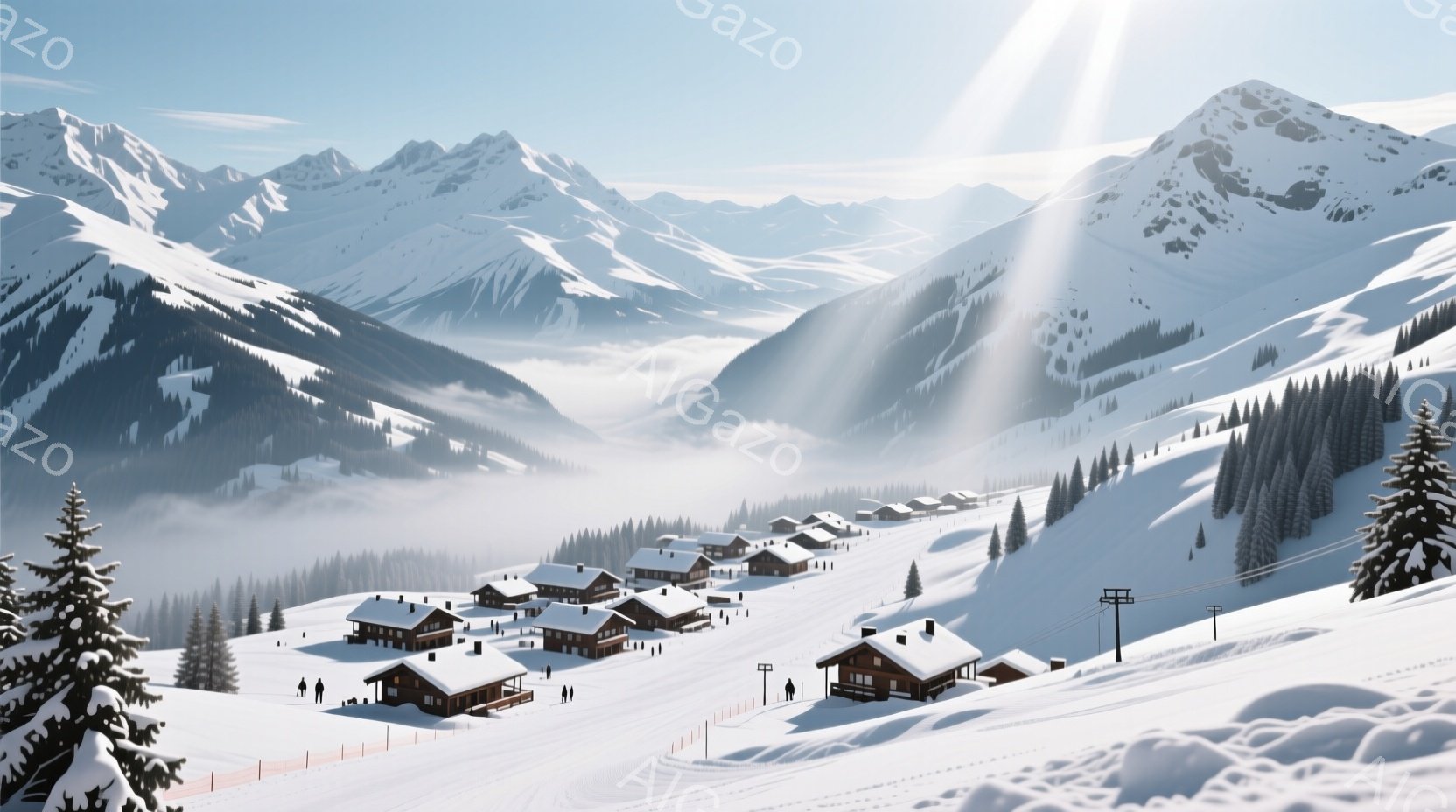 雪をまとった山々が連なり、麓には可愛らしい木造の家々が点在している冬の風景です。人々は厚着をしてスキー場を歩き回り、雪景色を楽しみながらリラックスした様子です。太陽の光が雪原に差し込み、暖かく穏やかな - AI生成フリー素材