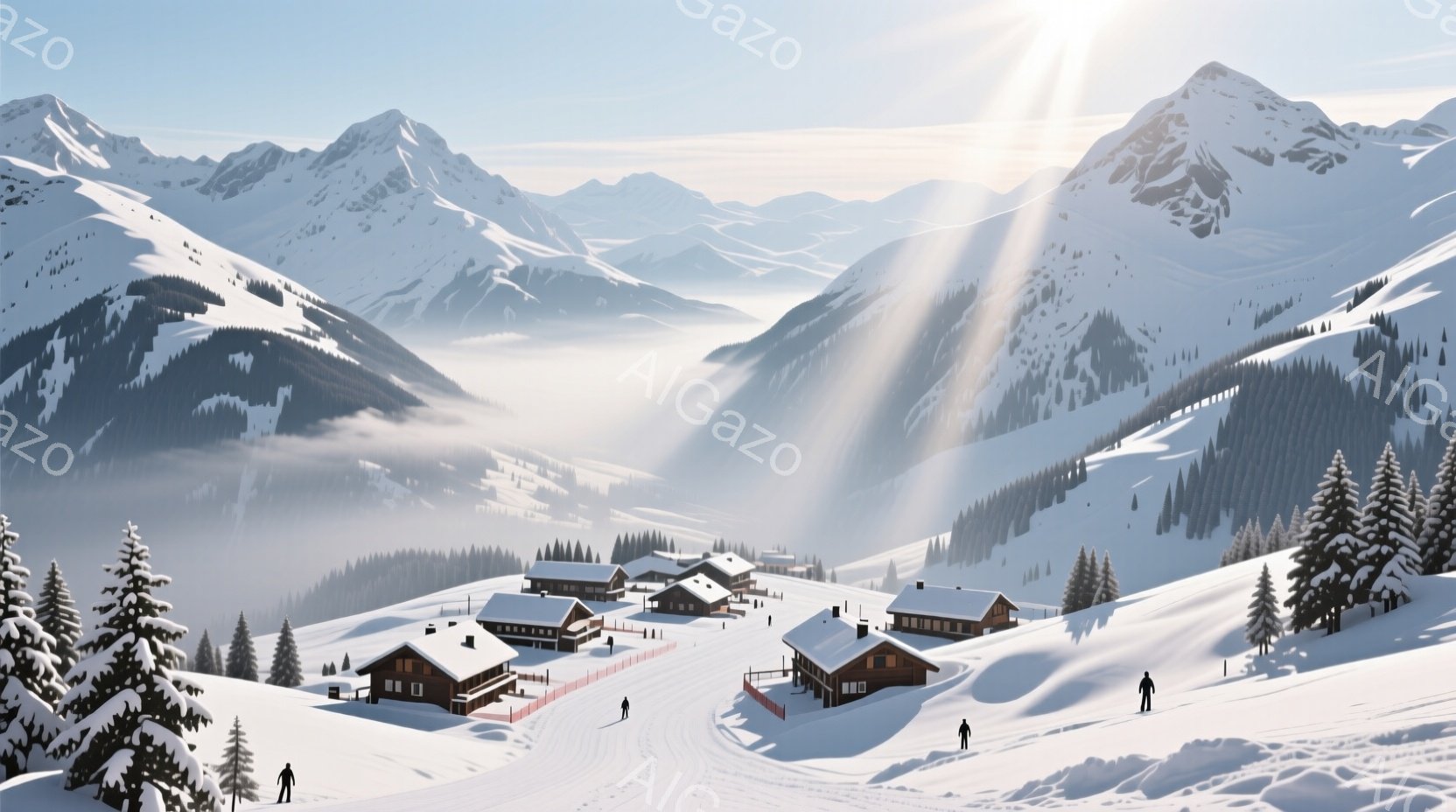 雪をまとった山々に囲まれたスキーリゾートの風景です。木造の建物が点在し、雪上をスキーヤーが滑走しています。太陽の光が雪面を照らし、静かで穏やかな冬の雰囲気を醸し出しています。