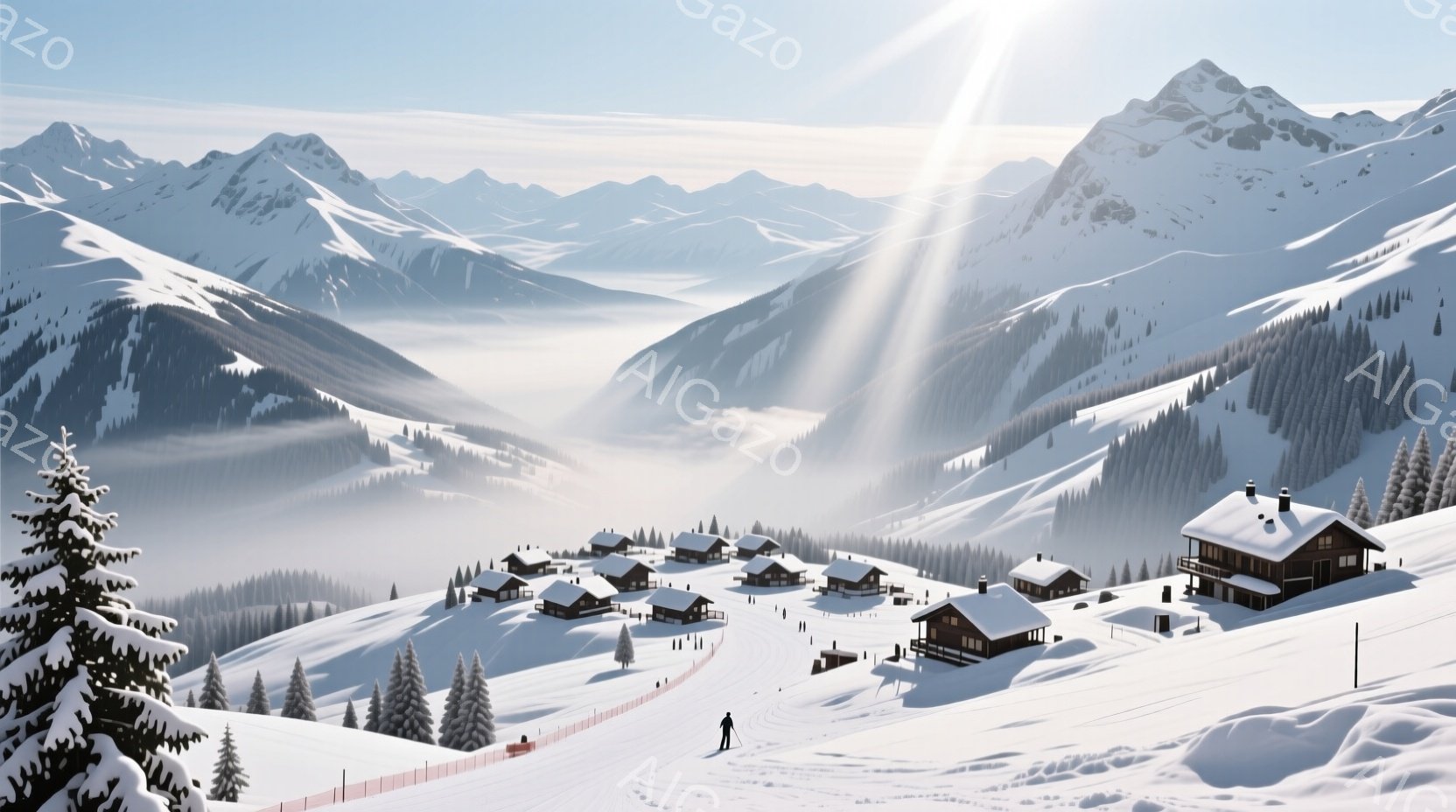 雪をまとった山々に囲まれたスキーリゾートの風景です。麓には木造の可愛らしい山小屋が点在し、雪原にはスキーヤーが一人、滑走を楽しんでいる様子が見られます。太陽の光が雪山を照らし、幻想的で静寂な冬の雰囲気を醸し出しています。