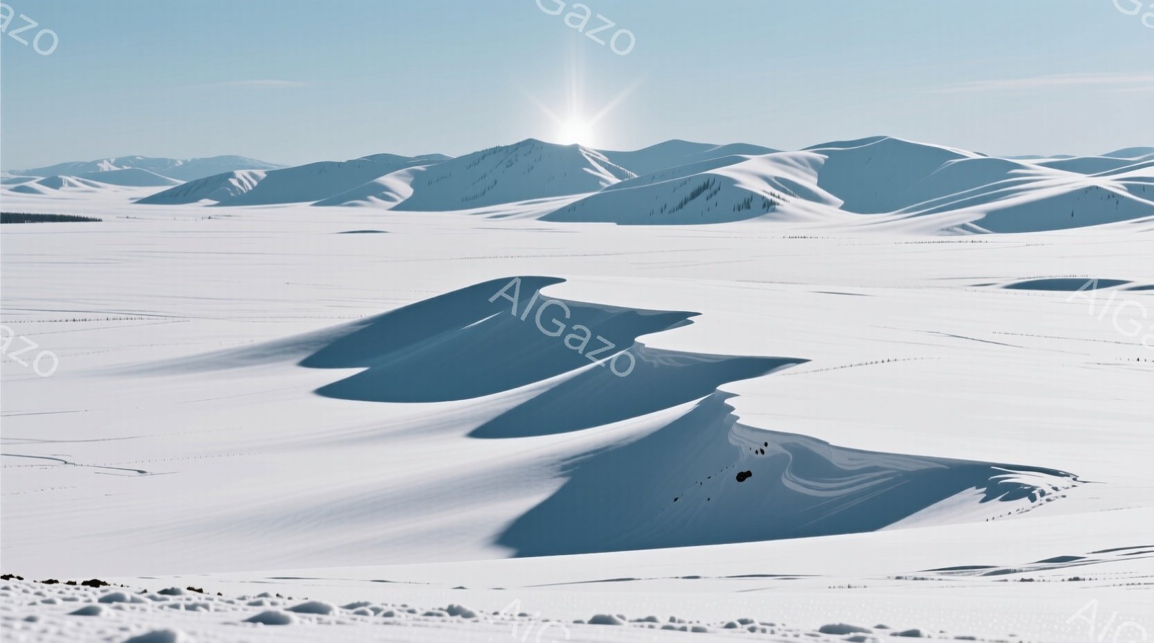 広大な雪原が広がり、なだらかな丘陵が連なっている。強い日差しが雪面を照らし、深い影を生み出している。背景には、遠くの山々が霞んで見え、冷たく静謐な冬の風景が広がっている。 - AI生成フリー素材