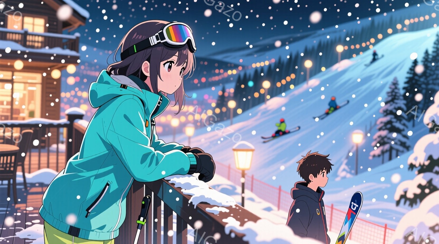 雪山を背景に、若い女性と男性が描かれている。女性はターコイズブルーのスキーウェアに黒いヘアバンド、ゴーグルを頭に乗せ、物憂げな表情で柵にもたれかかっている。背景には雪に覆われた山々とスキーヤー、ライト - AI生成フリー素材