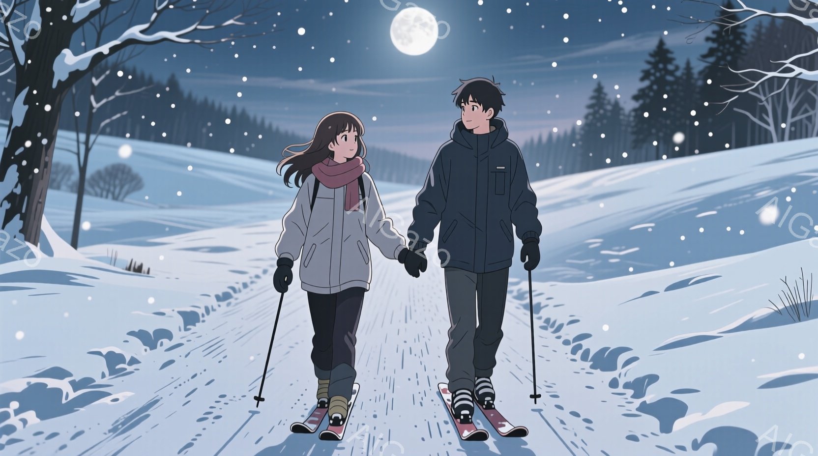 雪道を男女が手をつないで歩いている。女性はロングヘアで、赤いマフラーを巻いて、スキー板とストックを持っている。背景には雪に覆われた木々と、満月が輝く夜空が広がり、静かでロマンチックな雰囲気を醸し出している。