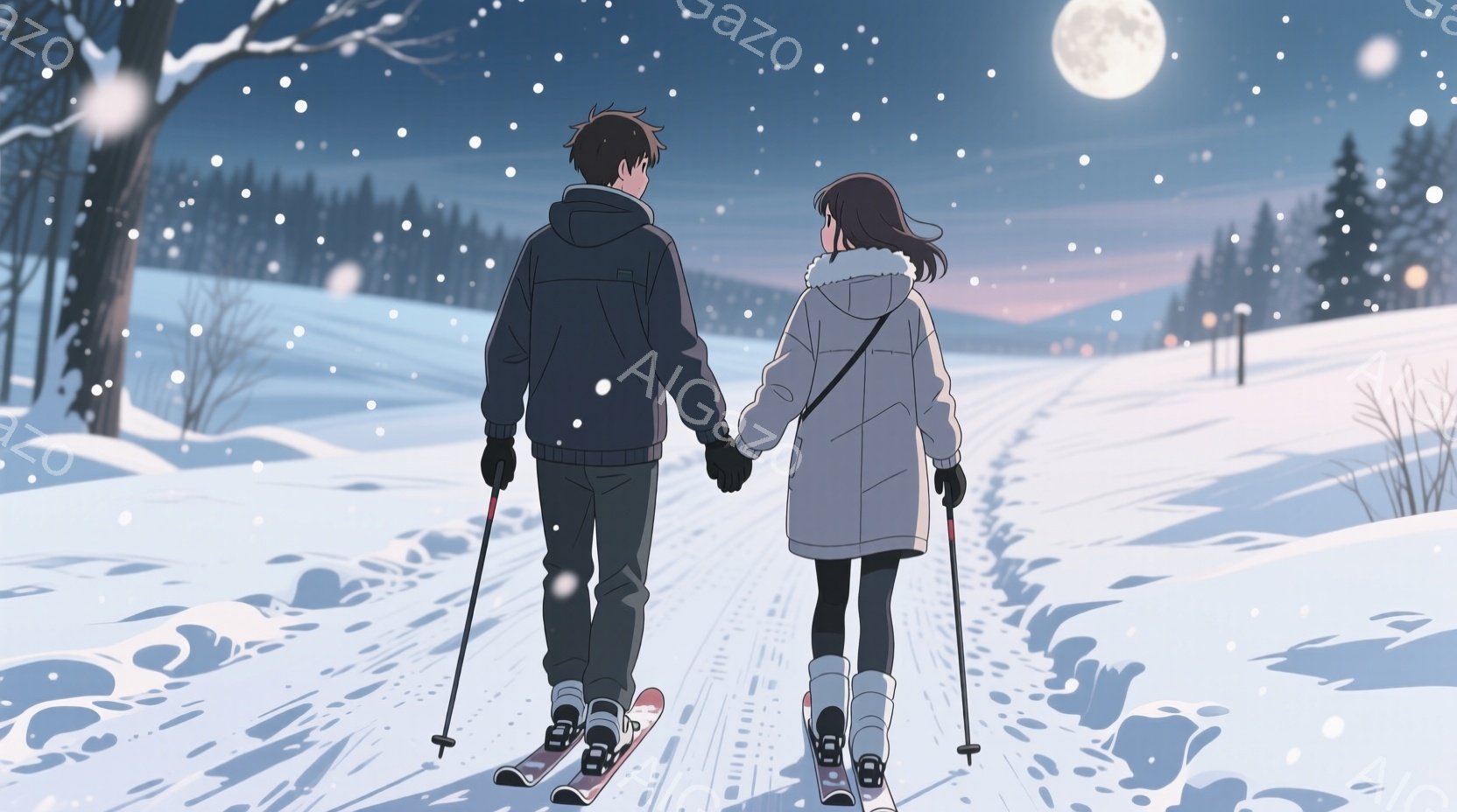 雪景色の中、スキー板を履いた男女が手をつないで歩いている。男性は濃い青色のジャケットと黒いズボンを着用し、女性は白いフード付きのジャケットと黒いズボンを着用している。背景には雪に覆われた木々と遠くに見 - AI生成フリー素材