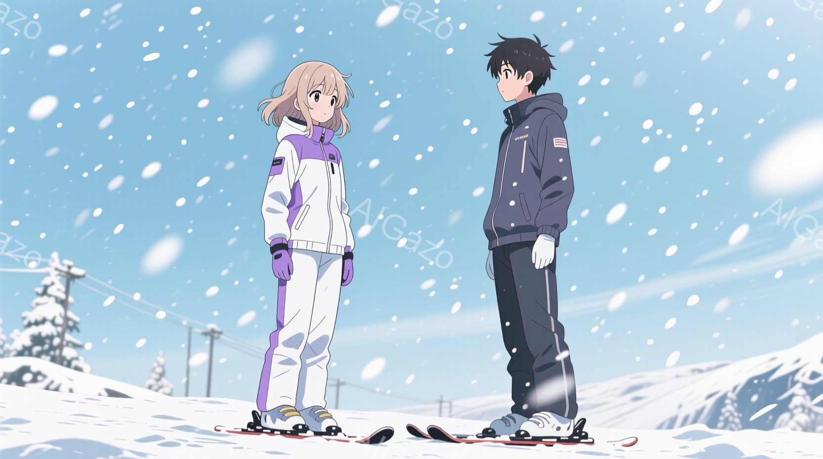 雪山を背景に立つ男女が描かれています。女性は明るい紫色のスキーウェアに白いヘアバンドをつけており、少し不安そうな表情をしています。男性は黒のスキーウェアで、やや背筋が伸びており、女性の方を心配そうに見ているようです。