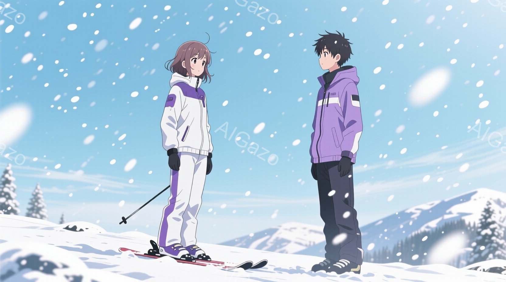 雪山を背景に、スキーウェアを着た男女が立っている。女性は明るい茶色の髪をポニーテールにし、白いスキーウェアに黒い手袋とゴーグルを着用している。男性は黒髪で、黒いスキーウェアと手袋を着用し、ゴーグルをか - AI生成フリー素材