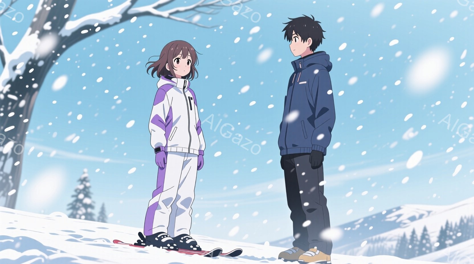 雪景色の中で、若い男女が立っている。女性は紫と白のスキーウェアに茶色の髪を短く整え、少し上目遣いで何かを見ているようだ。男性は黒のスキーウェアに黒髪で、ややうつむき加減で、二人は雪原の斜面の上に立っており、背景には雪に覆われた山々と木々が広がっている。