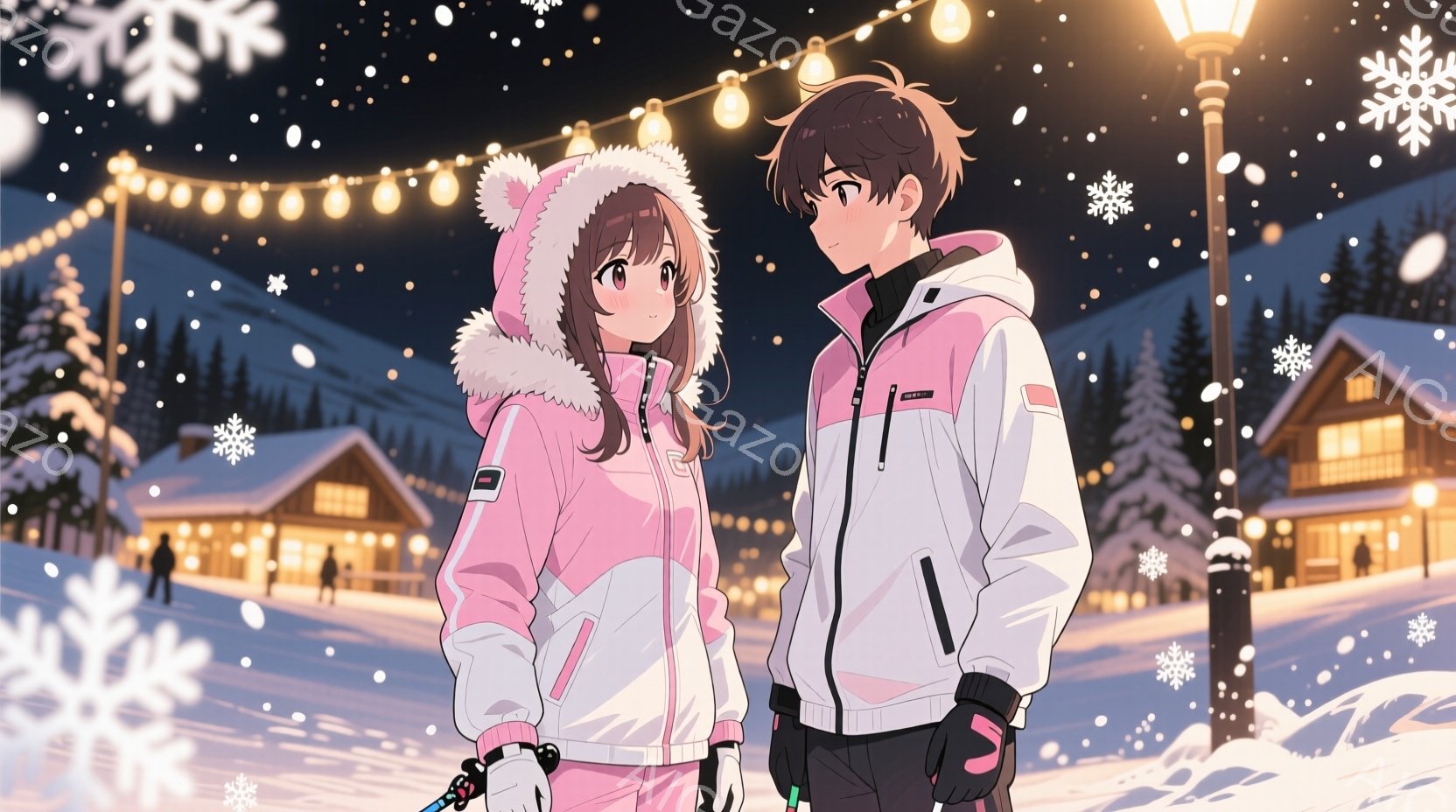 雪が降る夜のスキー場で、ピンクと白のスキーウェアを着た少女と、白いスキーウェアを着た少年が寄り添って立っています。少女は明るい笑顔で、少年は少し照れたような表情を浮かべており、二人はスキー用具を持って - AI生成フリー素材