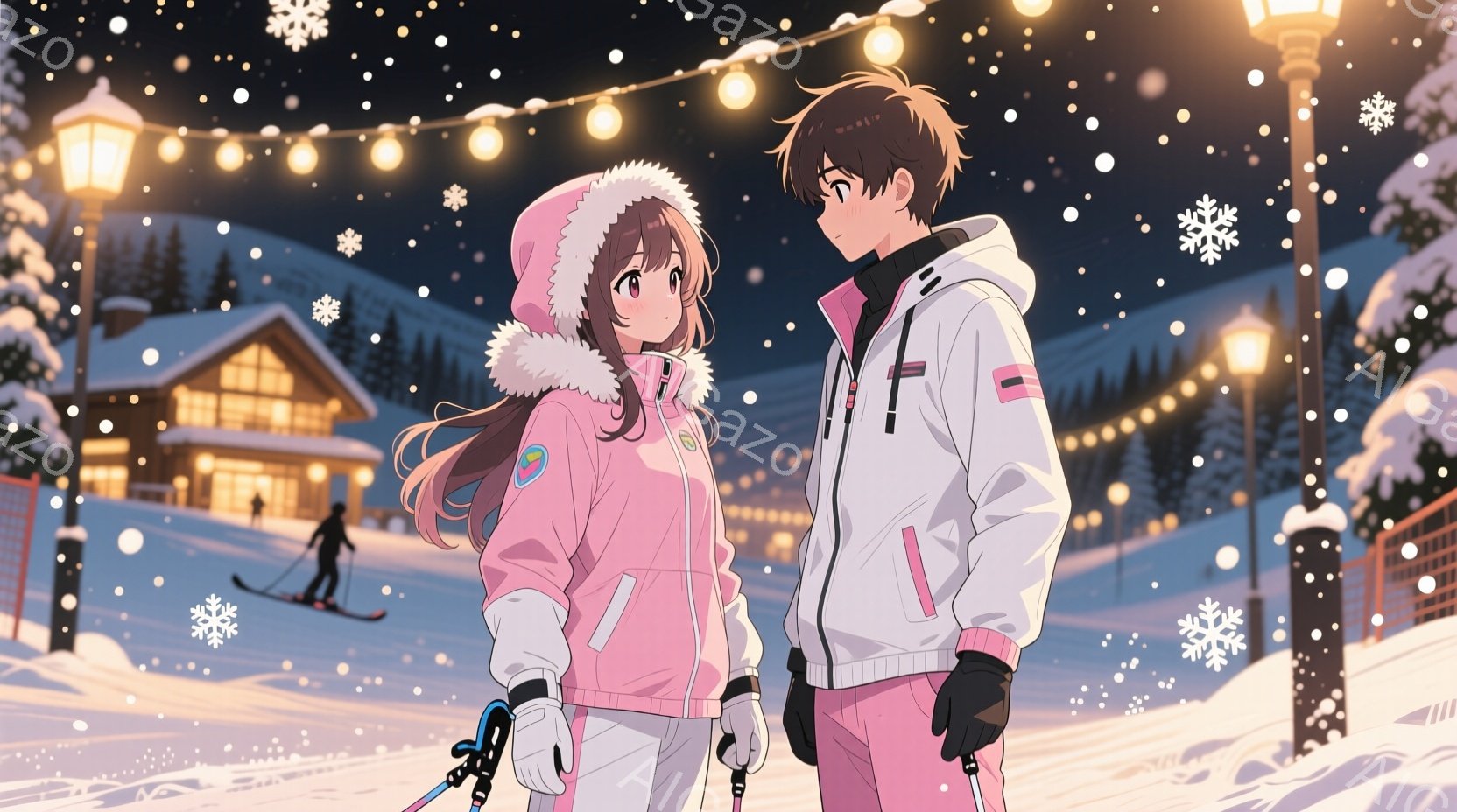 雪が降る夜のスキー場で、ピンクと白のスキーウェアを着た若い女性と男性が並んで立っています。女性は長い茶色の髪をサイドに流し、少し微笑んでおり、男性は黒髪で少し緊張した表情をしています。背景にはライトア - AI生成フリー素材