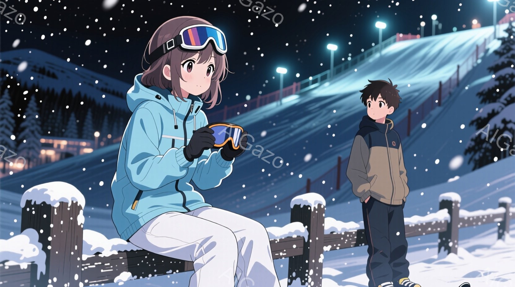 雪が降るスキー場の柵に、少女が座って温かい飲み物を手に持っています。彼女は短い茶色の髪で、ピンク色の頬をして微笑んでおり、青いスキーウェアとゴーグルを着用しています。背景には雪に覆われたスキーコースと遠くの建物が見え、夜の静かで穏やかな雰囲気が漂っています。