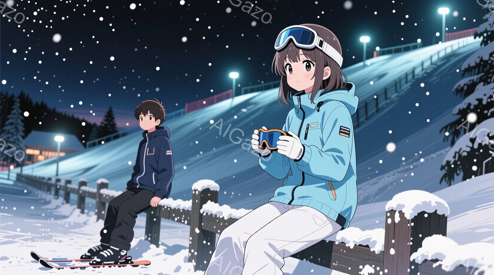 雪景色の中で、少年と少女が柵に腰掛けている。少年は紺色のジャケットと黒いズボンを着用し、スキー板を足元に置いている。少女は水色のジャケットと白いズボンを身につけ、ゴーグルを手にしている。 - AI生成フリー素材