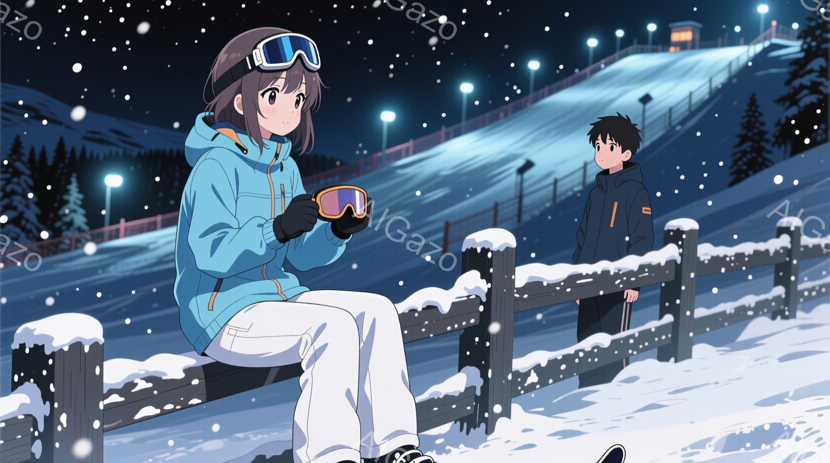 雪山を背景に、青いスキーウェアを着た少女が柵に腰掛けています。彼女はゴーグルを手で持ち、少し微笑んでいるように見え、茶色の短い髪は風になびいています。背景には雪で覆われた山々と、遠くに見える照明のある建物があり、雪が舞う冬の静かな雰囲気が漂っています。