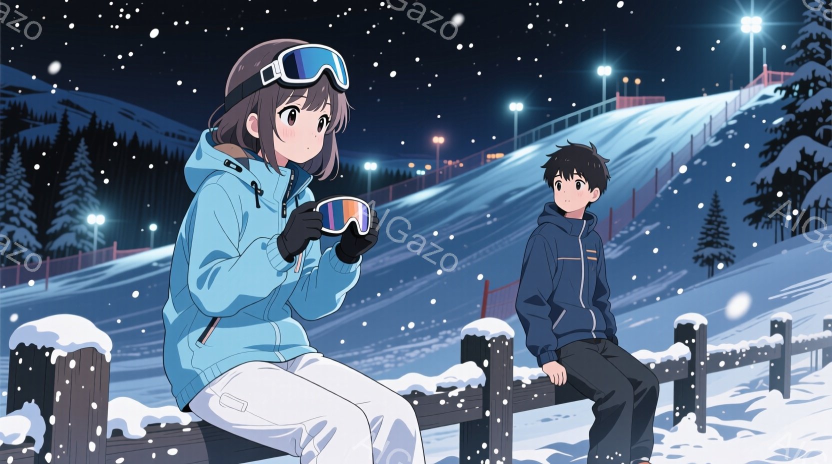 雪山を背景に、若い男女が柵に腰掛けているイラストです。女性は水色のスキーウェアに黒い手袋をはめ、頭にはゴーグルを上げて装着、少し微笑んでいます。男性は紺色のジャケットと黒いズボンを着用し、物憂げな表情で遠くを見つめており、雪がちらつく夜のスキー場の穏やかな雰囲気が伝わってきます。