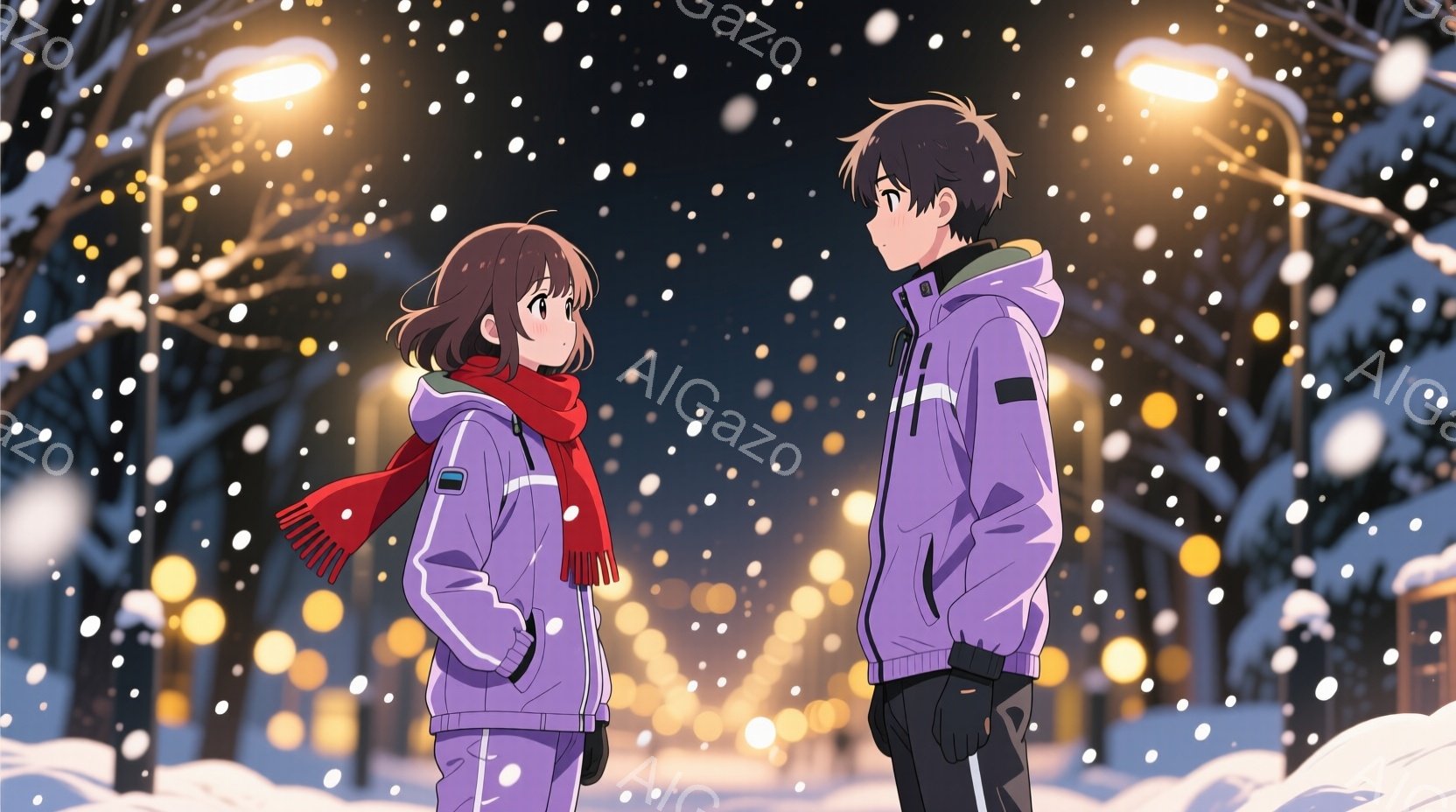 雪が降る夜の街並みで、紫色のウィンドブレーカーを着た男女が並んで立っている。女性は赤いマフラーを巻き、手はポケットに入れている。男性は黒い手袋を着用し、少し前かがみで、二人は互いに向き合わず、静かで物 - AI生成フリー素材